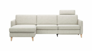 Ecksofa Arima - Longchair links mit 2,5-Sitzer inkl. Relaxfunktion und Sitzvorzug (motorisch), Stoff, Creme