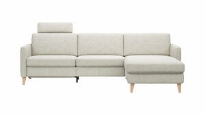 Ecksofa Arima - 2,5-Sitzer mit Longchair rechts inkl. Relaxfunktion und Sitzvorzug (motorisch), Stoff, Creme