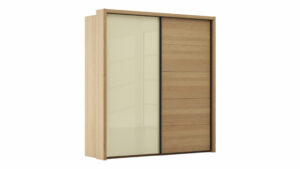 Schwebetürenschrank Lenoso - B. ca. 210 cm, Eiche massiv, Glas Champagner