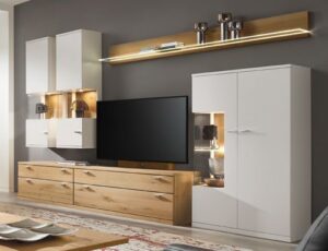 Wohnwand Finale - mit Beleuchtung, Lack weiss, Asteiche