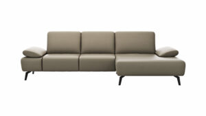 Ecksofa Theodor - 2,5-Sitzer mit Longchair rechts inkl. Armlehne verstellbar, Sitztiefe verstellbar, Leder, Mocca