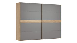 Schwebetürenschrank Viana - B ca. 301 cm, Lack, Steingrau, Riffholz, Balkeneiche