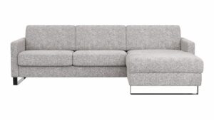 Schlafsofa Laredo - 2-Sitzer mit Longchair rechts inkl. Schlaffunktion mit Bettkasten und Armteile verstellbar, Stoff, Graubeige