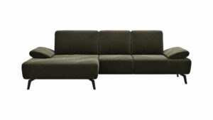 Ecksofa Theodor - Longchair links mit 2-Sitzer, Armlehne/Sitztiefe verstellbar, Stoff, Braungrün