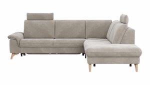 Ecksofa Tulsa KS - 2,5-Sitzer, Spitzecke und 1,5-Sitzer mit Anstellhocker aufklappbar rechts, inkl. Kopfstütze, AL verstellbar und Schlaffunktion, Stoff, Graubeige