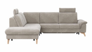 Ecksofa Tulsa KS - 1,5-Sitzer mit Anstellhocker aufklappbar links, Spitzecke und 2,5-Sitzer rechts, inkl. Kopfstütze, AL verstellbar und Schlaffunktion, Stoff, Graubeige