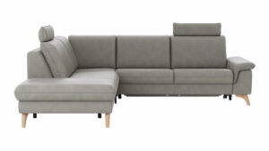 Ecksofa Tulsa KS - 1,5-Sitzer mit Anstellhocker aufklappbar links, Spitzecke und 2,5-Sitzer rechts, inkl. Kopfstütze, AL verstellbar und Schlaffunktion, Leder, Graubeige