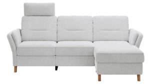 Ecksofa Vayra - 2,5-Sitzer mit Longchair rechts, inkl. Relaxfunktion (motorisch) und Kopfstütze verstellbar (manuell), Stoff, Offwhite