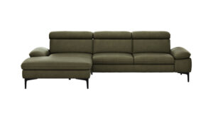 Ecksofa Felipa - Longchair links mit 2,5-Sitzer inkl. Kopfteil verstellbar, Leder, Olive