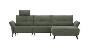 Ecksofa Bahia - 2,5-Sitzer mit Longchair rechts inkl. Kopfteil/ Armlehne verstellbar und Relaxfunktion/ Longchair (motorisch), Stoff, Olive