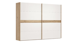 Schwebetürenschrank Viana - B ca. 301 cm, Lack, Weiß, Riffholz, Balkeneiche
