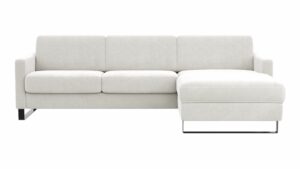 Schlafsofa Laredo - 2-Sitzer mit Longchair rechts inkl. Schlaffunktion mit Bettkasten und Armteile verstellbar, Stoff, Offwhite