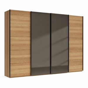 Schwebetürenschrank Lenoso - B. ca. 330 cm, Eiche massiv, Glas, Graubraun