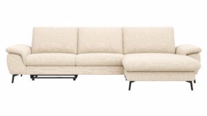 Ecksofa Gotera - 1,5-Sitzer med + 1,5-Sitzer med mit Longchair groß rechts inkl. Schlaffunktion (teilmotorisch), Armlehne klappbar, Rückenlehne verstellbar  und einmal Relaxfunktion (teilmotorisch), Stoff, Creme