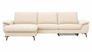 Ecksofa Gotera - Longchair groß mit 1,5-Sitzer med + 1,5-Sitzer med rechts inkl. Schlaffunktion (teilmotorisch), Armlehne klappbar, Rückenlehne verstellbar  und einmal Relaxfunktion (teilmotorisch), Stoff, Creme